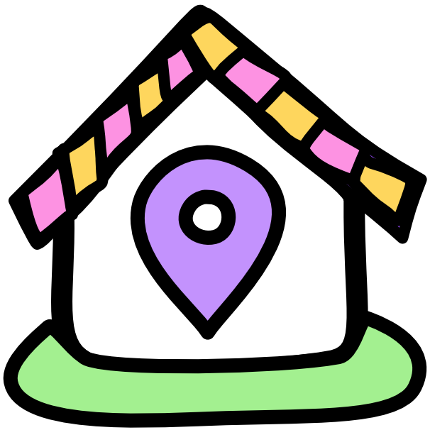 A black outline of a house has a pink and yellow shingled roof and a purple location pin inside it. Around its base is a circular area of green that looks perhaps like a lawn. The image has black line art.  